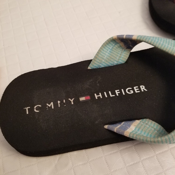 Tommy Hilfiger Light Blue Striped Brown Leather Thong Flip Flops Size 5M - Picture 4 of 7